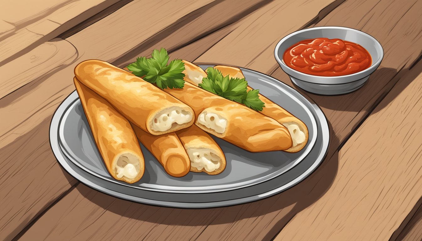 A platter of golden-brown cheese and chicken stuffed breadsticks, arranged with a side of marinara sauce, on a rustic wooden table