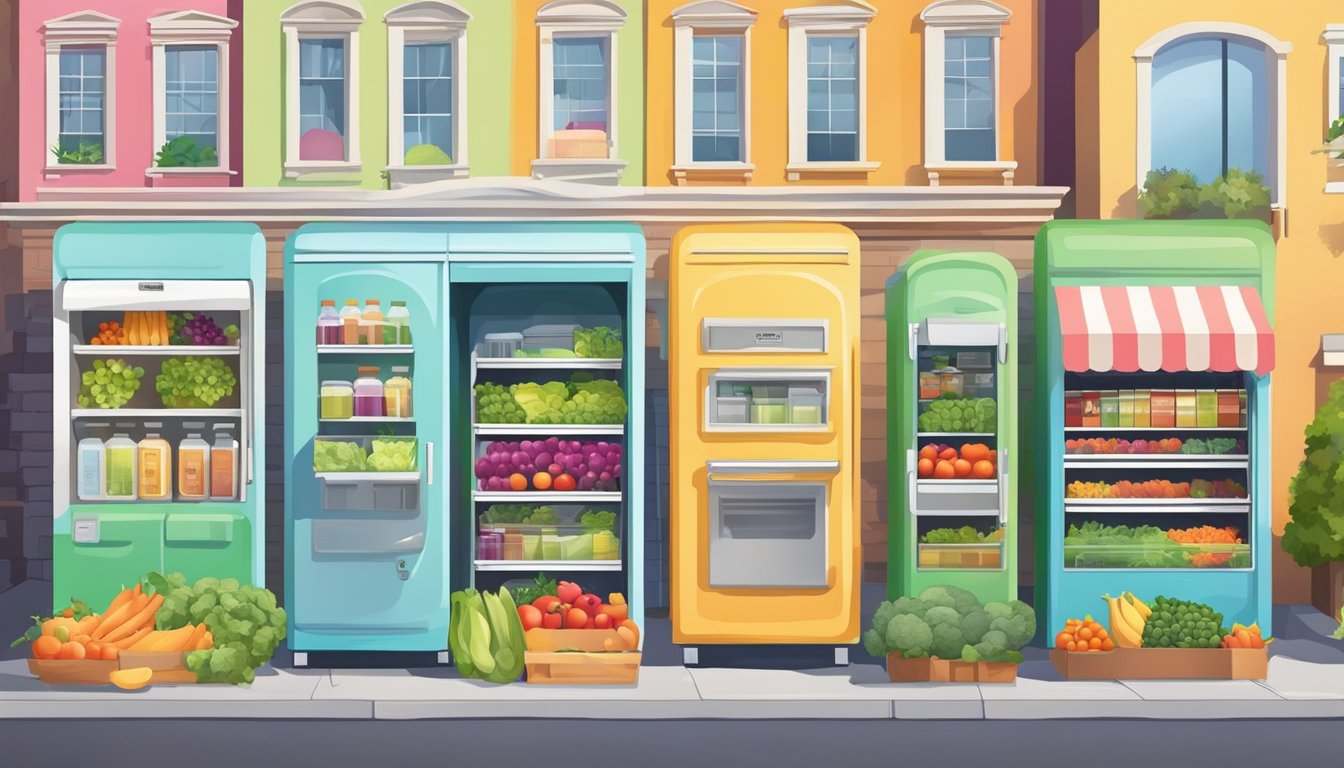 A colorful community fridge in a vibrant neighborhood, surrounded by fresh produce and stocked with essentials