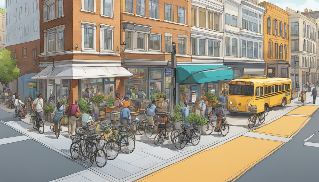 A bustling street corner with a community fridge surrounded by diverse forms of transportation, including bicycles, buses, and pedestrians