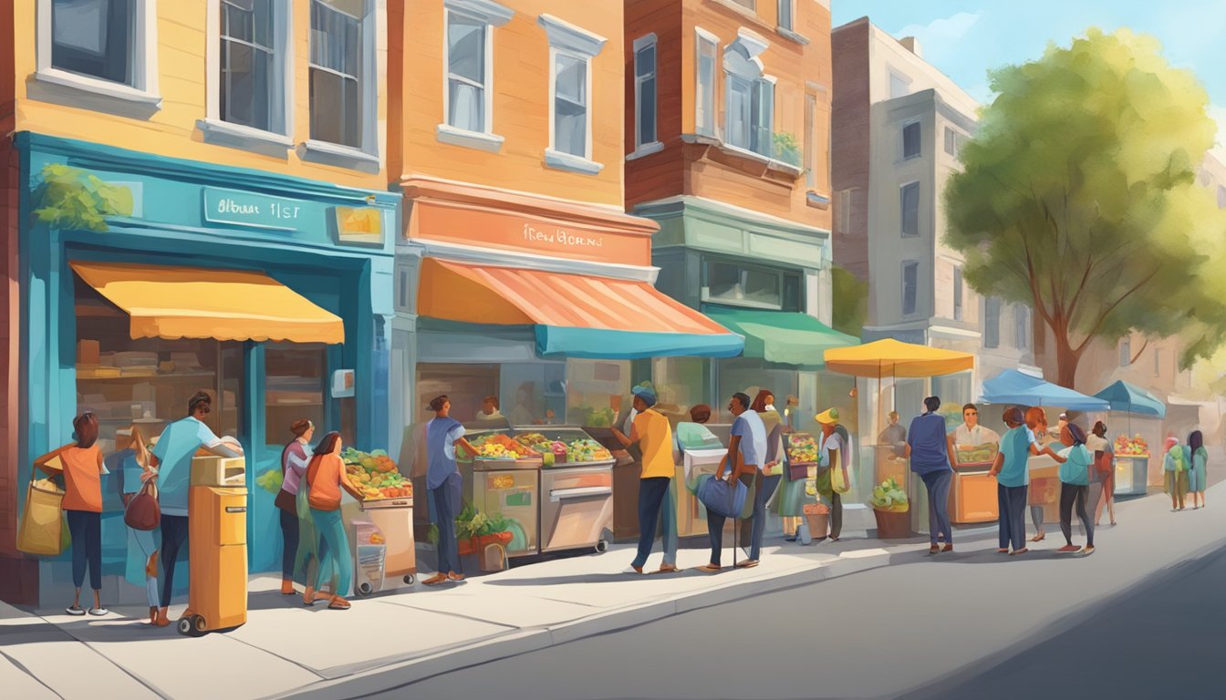 A bustling street corner with a colorful, decorated fridge surrounded by a diverse group of people donating and taking food