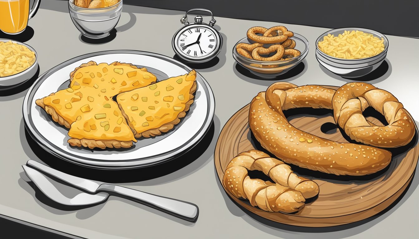 A kitchen counter with a plate of chicken and cheese stuffed pretzels, surrounded by a clock showing the passage of time