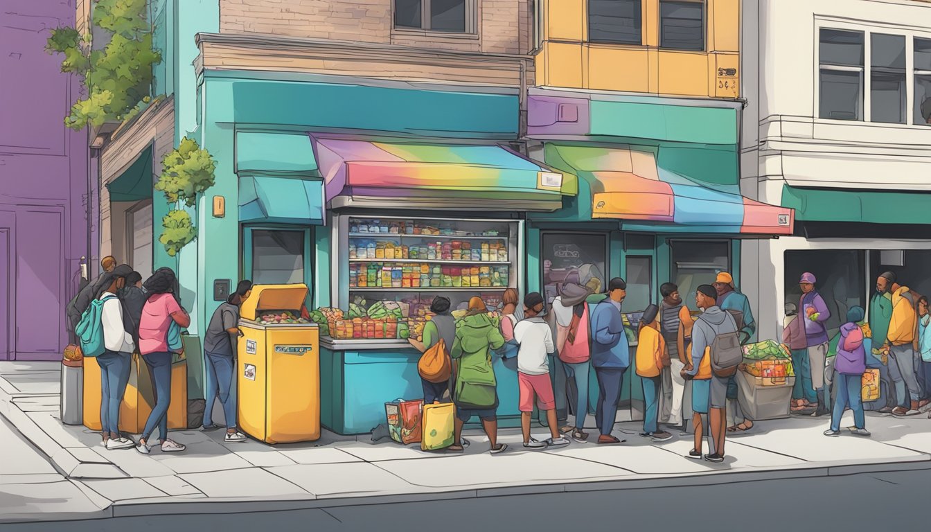 A bustling street corner with a colorful, graffiti-covered community fridge surrounded by people donating and taking food