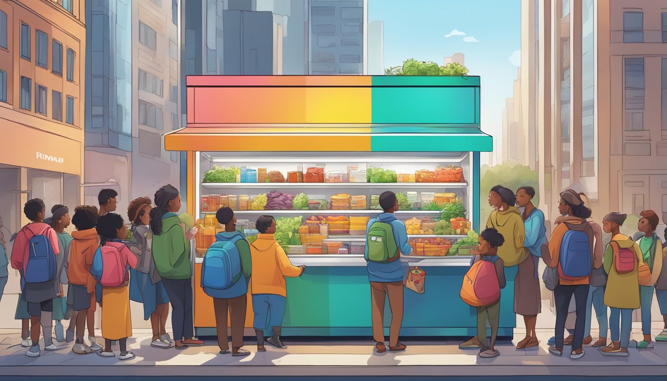 A brightly colored community fridge stands against a backdrop of urban buildings, surrounded by a diverse group of people donating and collecting food