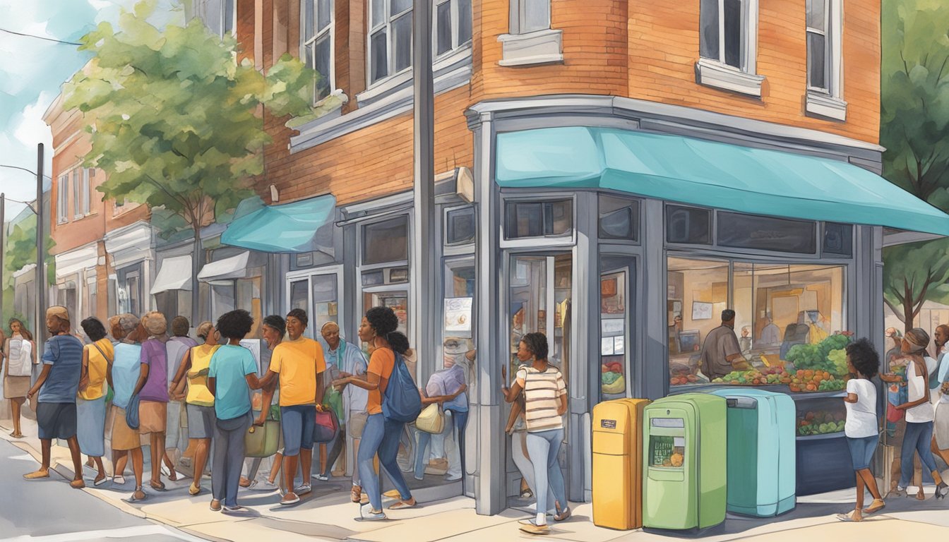 A bustling street corner in Charlotte, NC, with a colorful community fridge surrounded by people coming and going