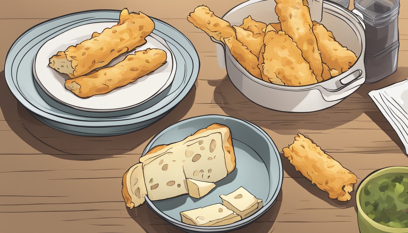 A plate of chicken and cheese stuffed breadsticks, partially eaten, sits on a kitchen table. A half-empty container of leftovers is nearby