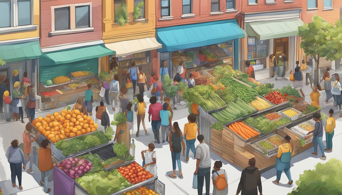 A bustling city street with a colorful community fridge filled with fresh produce and food donations, surrounded by a diverse group of people