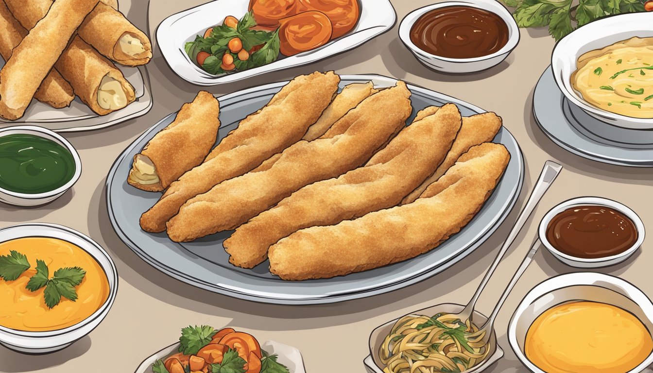 A plate of chicken and cheese stuffed breadsticks with a variety of pairing and dipping sauces arranged around it