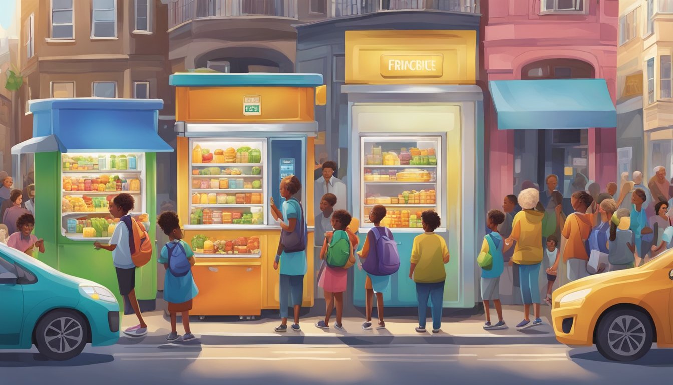 A bustling street corner with a colorful community fridge surrounded by people of all ages and backgrounds, eagerly exchanging and donating food items