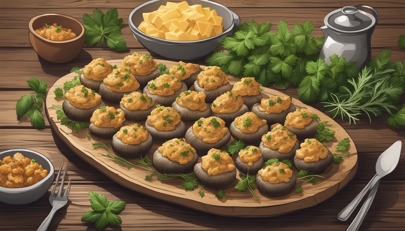 A platter of chicken and cheese stuffed mushrooms sits on a rustic wooden table, surrounded by fresh herbs and spices