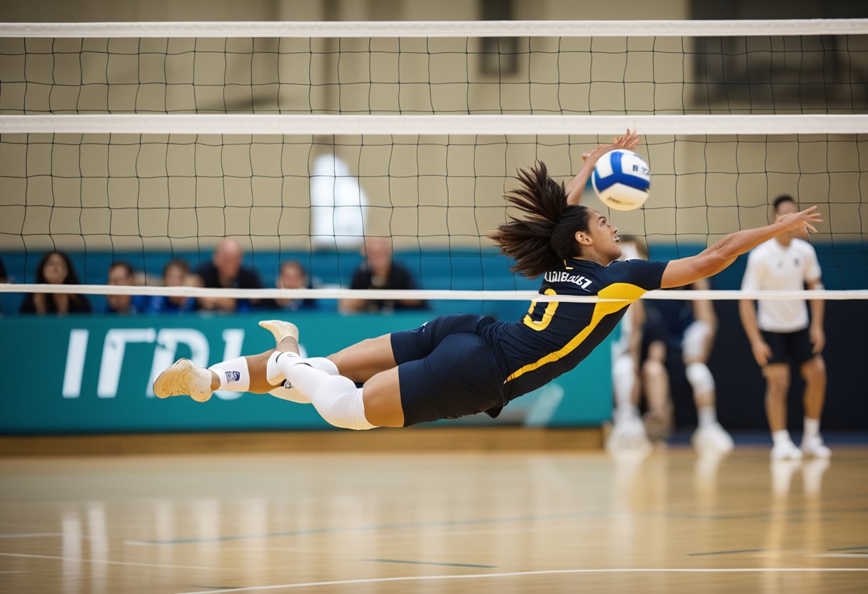 A libero in volleyball dives to the ground, extending their arms to dig the ball and keep it in play