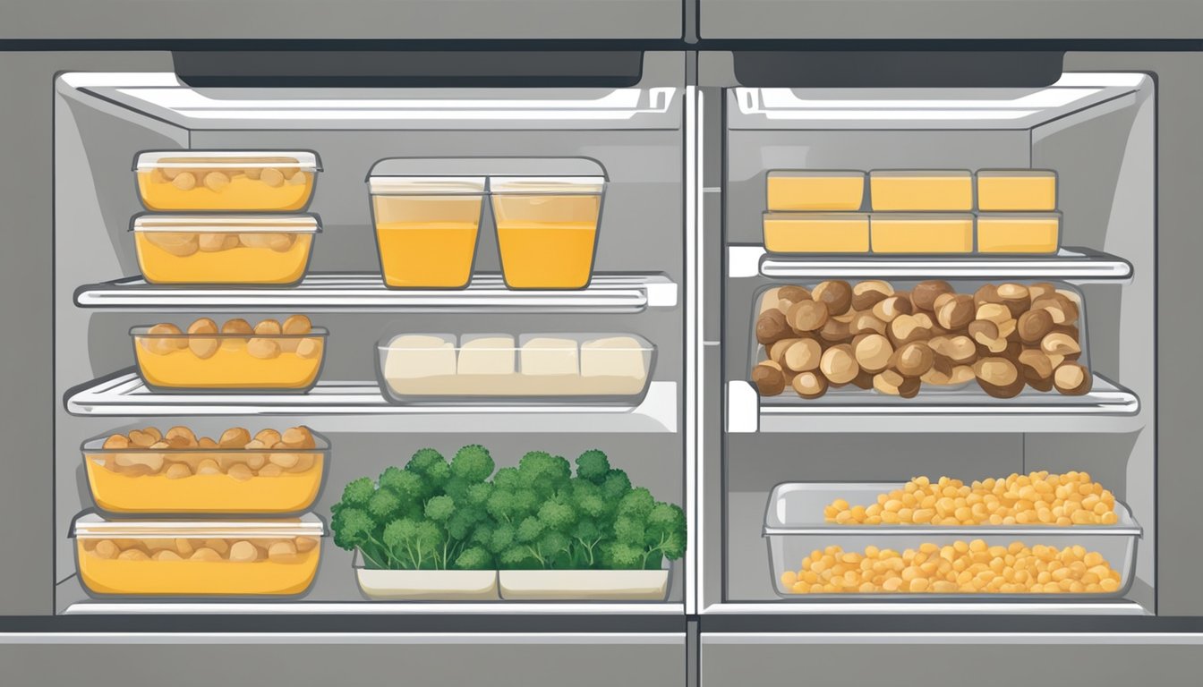 A refrigerator with shelves of chicken and cheese stuffed mushrooms in airtight containers, labeled with dates