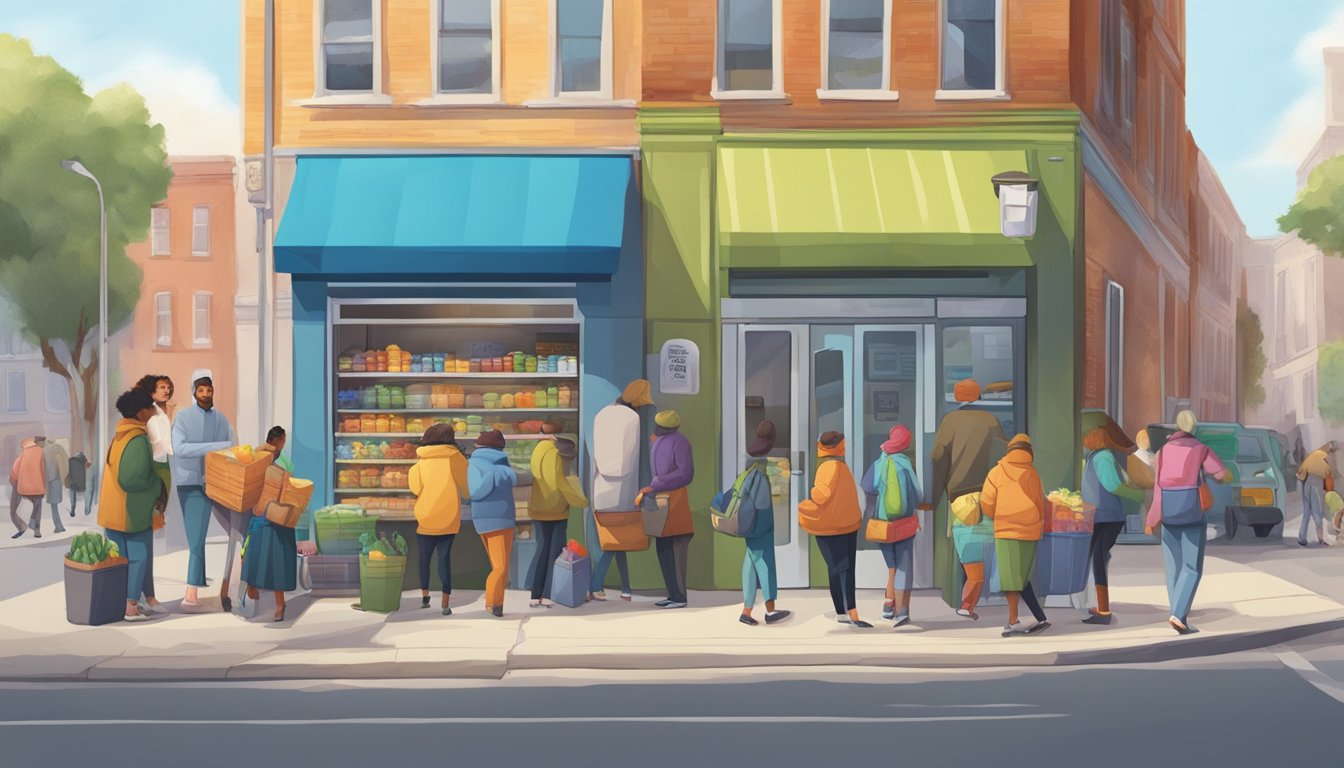 A bustling street corner with a colorful community fridge surrounded by people dropping off and picking up food donations