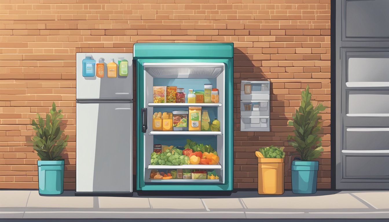 A community fridge stands against a brick wall, filled with various food items. People come and go, adding and taking items as a way to support their local community