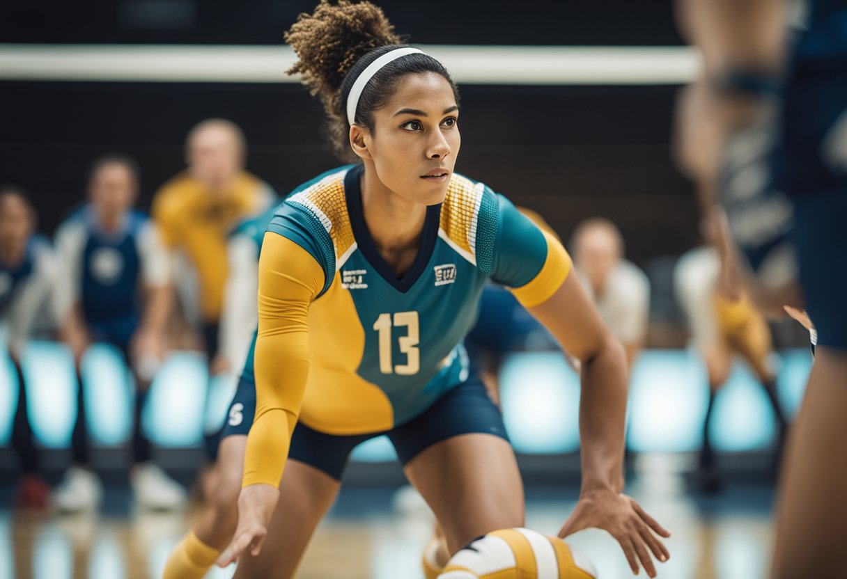 A volleyball player in a different colored jersey from their teammates, positioned in the back row, ready to defend and receive the ball