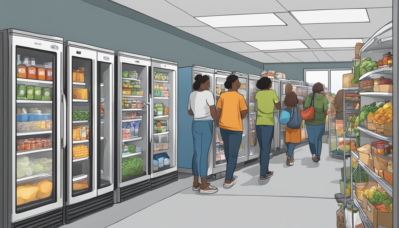 A row of community fridges in Warren, MI, filled with various food items and surrounded by a diverse group of people accessing and restocking the fridges