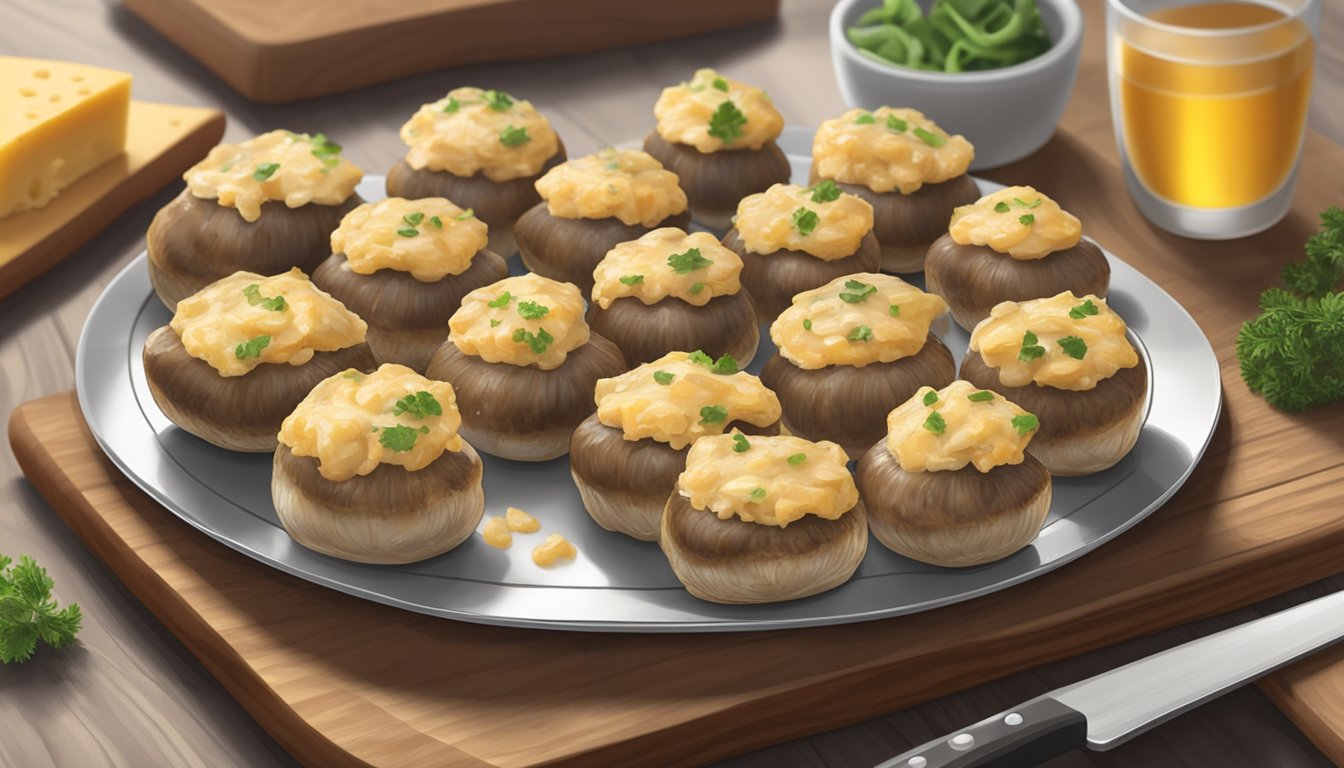 A plate of chicken and cheese stuffed mushrooms sits on a wooden cutting board, covered with a clear plastic wrap, with a "Use By" date label visible