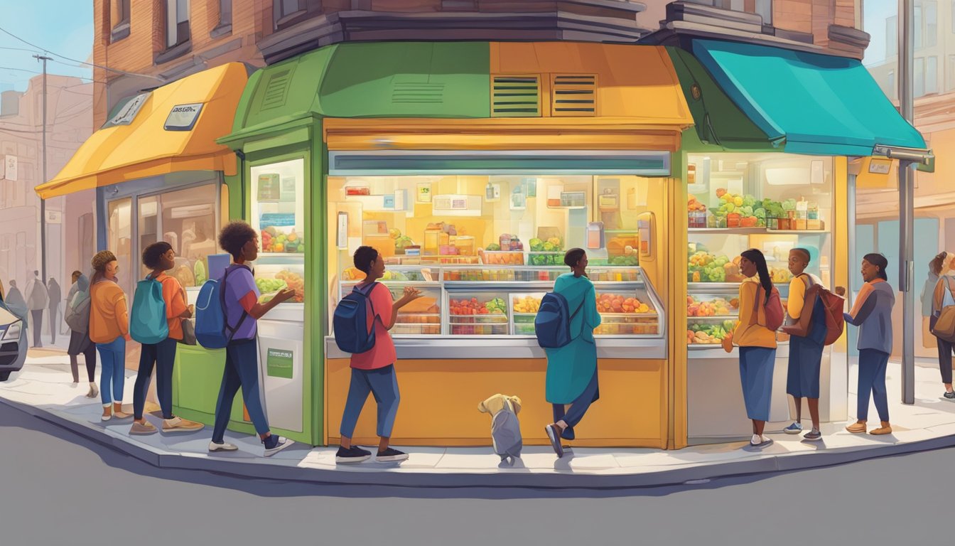 A bustling street corner with a vibrant community fridge, surrounded by diverse individuals donating and taking food