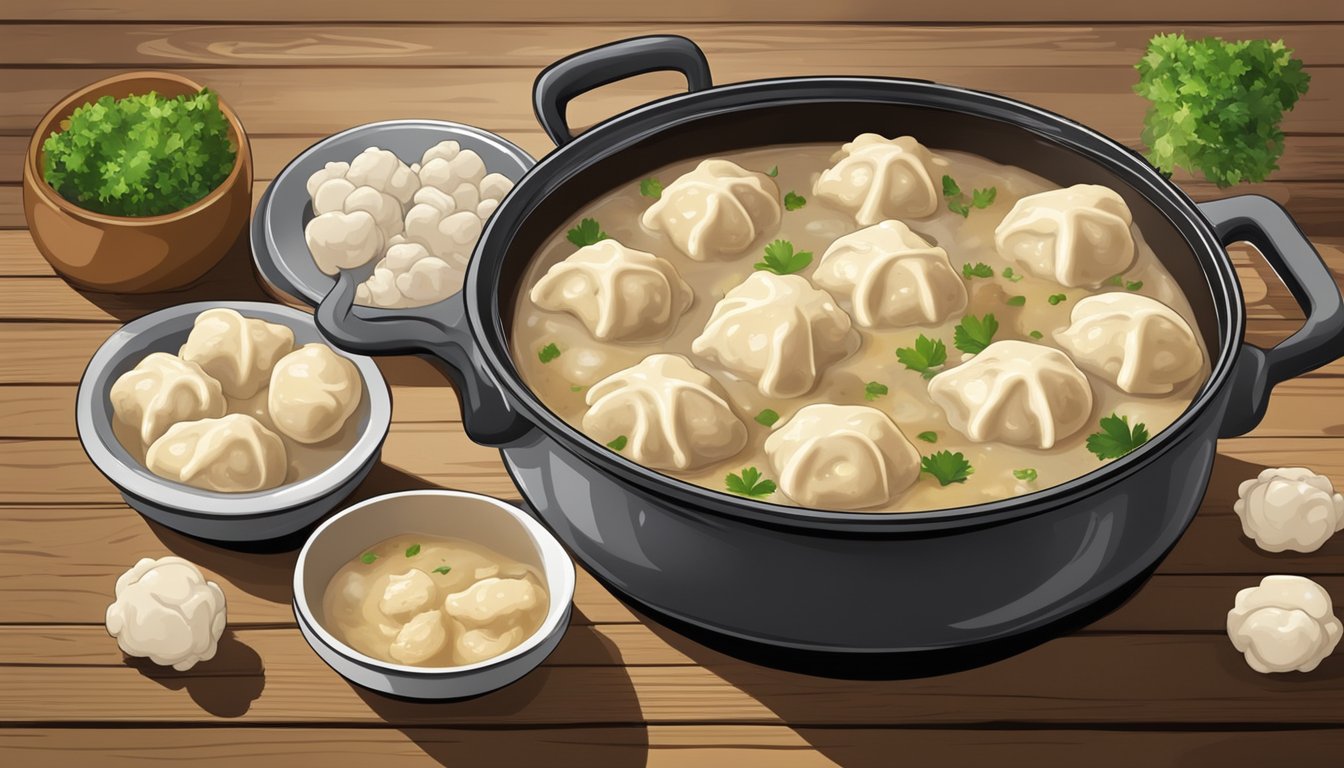 A steaming pot of chicken and dumplings on a rustic wooden table. Gravy-covered chunks of chicken and fluffy dumplings fill the bowl