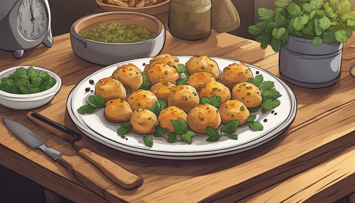 A plate of chicken and cheese stuffed mushrooms sits on a wooden table, surrounded by herbs and spices. A timer indicates the time for reheating