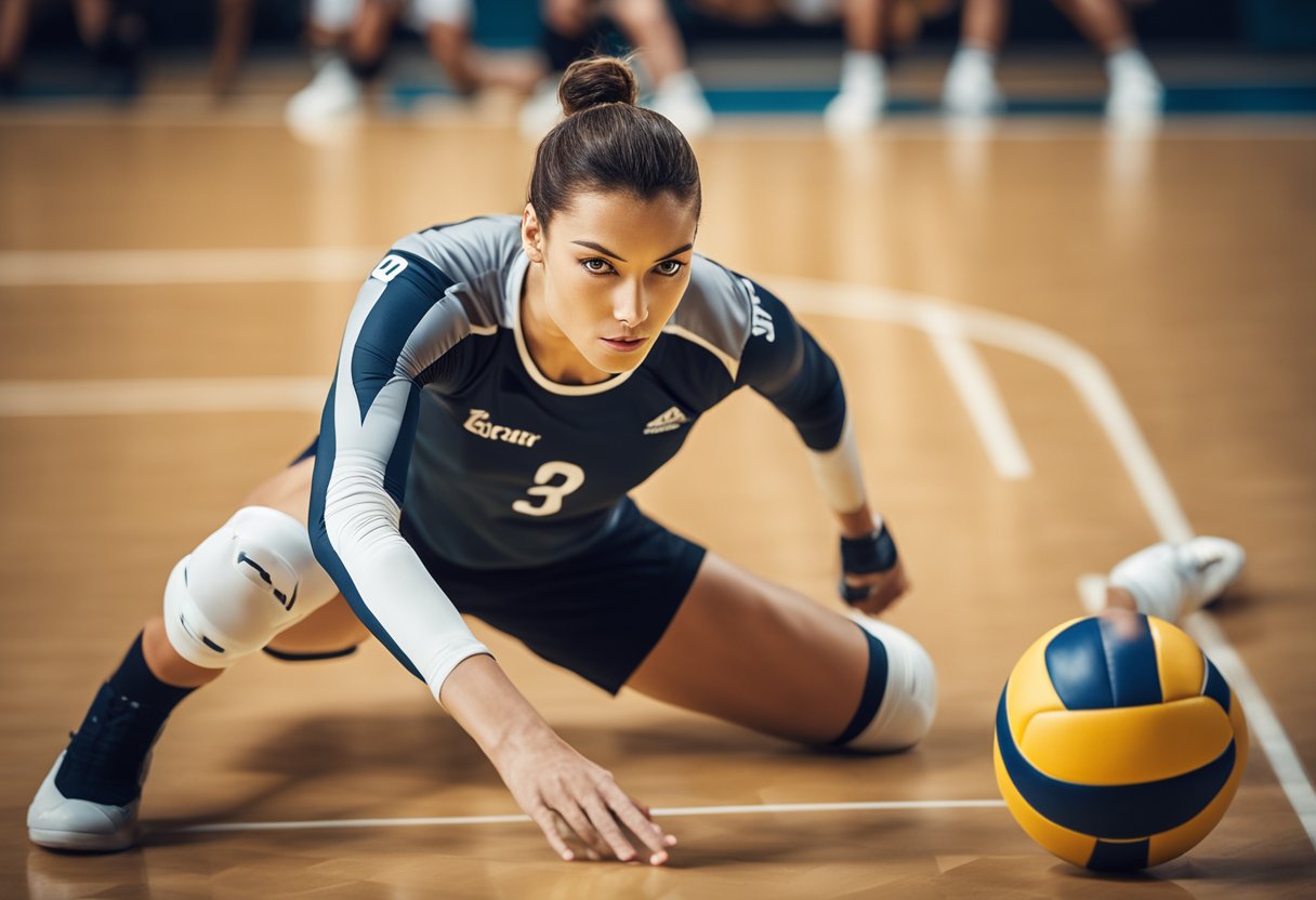 A volleyball player in a defensive position, ready to receive or dig the ball