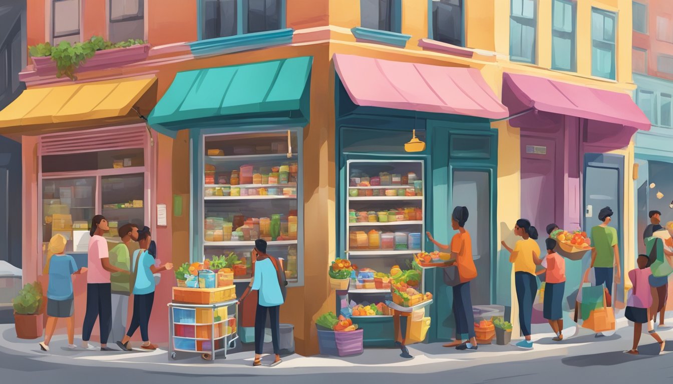 A bustling street corner with a colorful, decorated fridge surrounded by people donating and taking food items