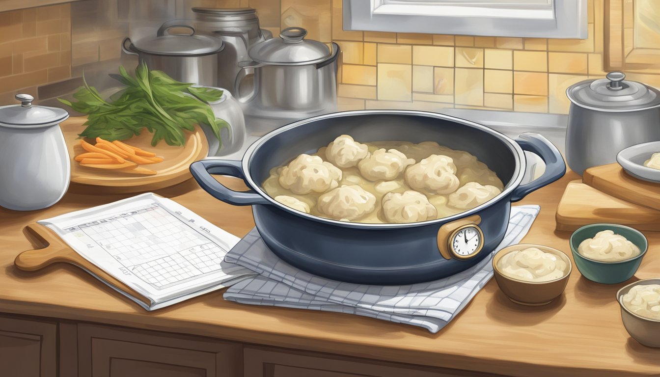 A pot of chicken and dumplings sits on a kitchen counter, surrounded by a calendar and a clock. The steam rises from the dish, indicating its freshness