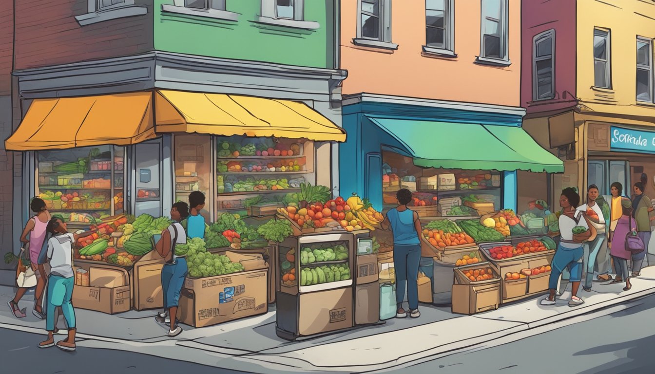 A bustling street corner with a colorful, graffiti-covered refrigerator filled with fresh produce and canned goods. A diverse group of people are seen dropping off and picking up items