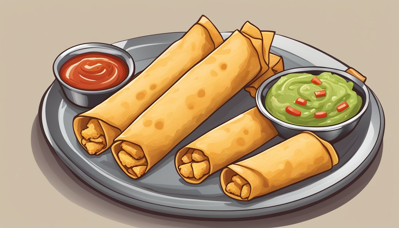 A plate of crispy chicken and cheese taquitos with salsa and guacamole on the side