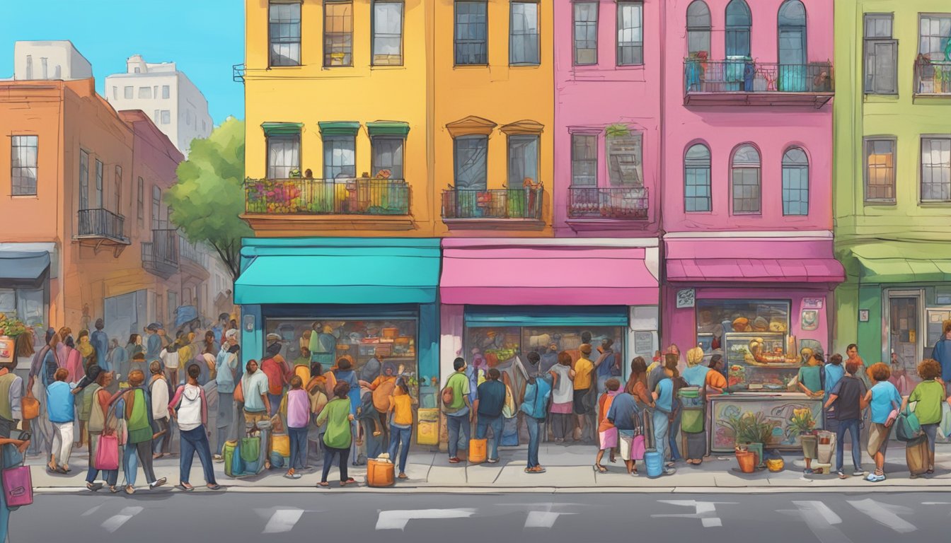 A bustling street corner with a colorful, graffiti-covered fridge surrounded by people donating and taking food