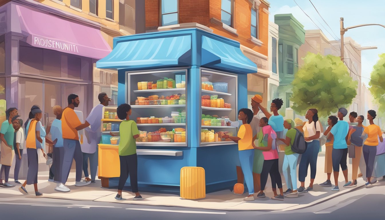 A bustling street corner with a colorful, well-stocked community fridge surrounded by diverse group of people contributing and taking food