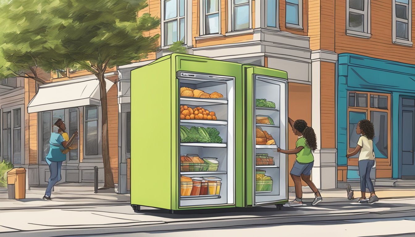 A person placing food inside a brightly colored community fridge on a sunny street corner in Wilmington, NC