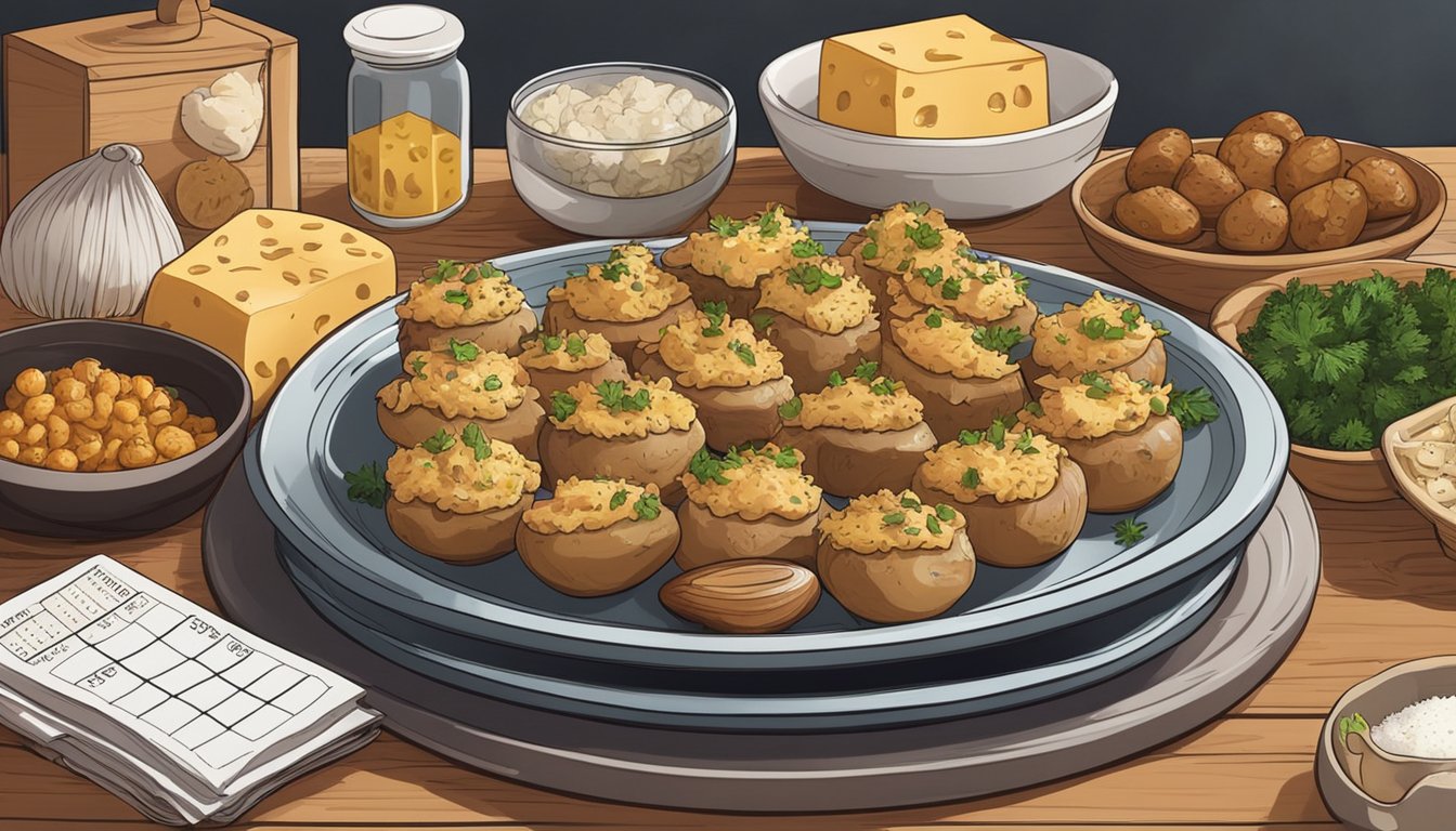 A plate of chicken and cheese stuffed mushrooms sits on a wooden shelf, surrounded by various ingredients and spices, with a calendar in the background marking the date of preparation