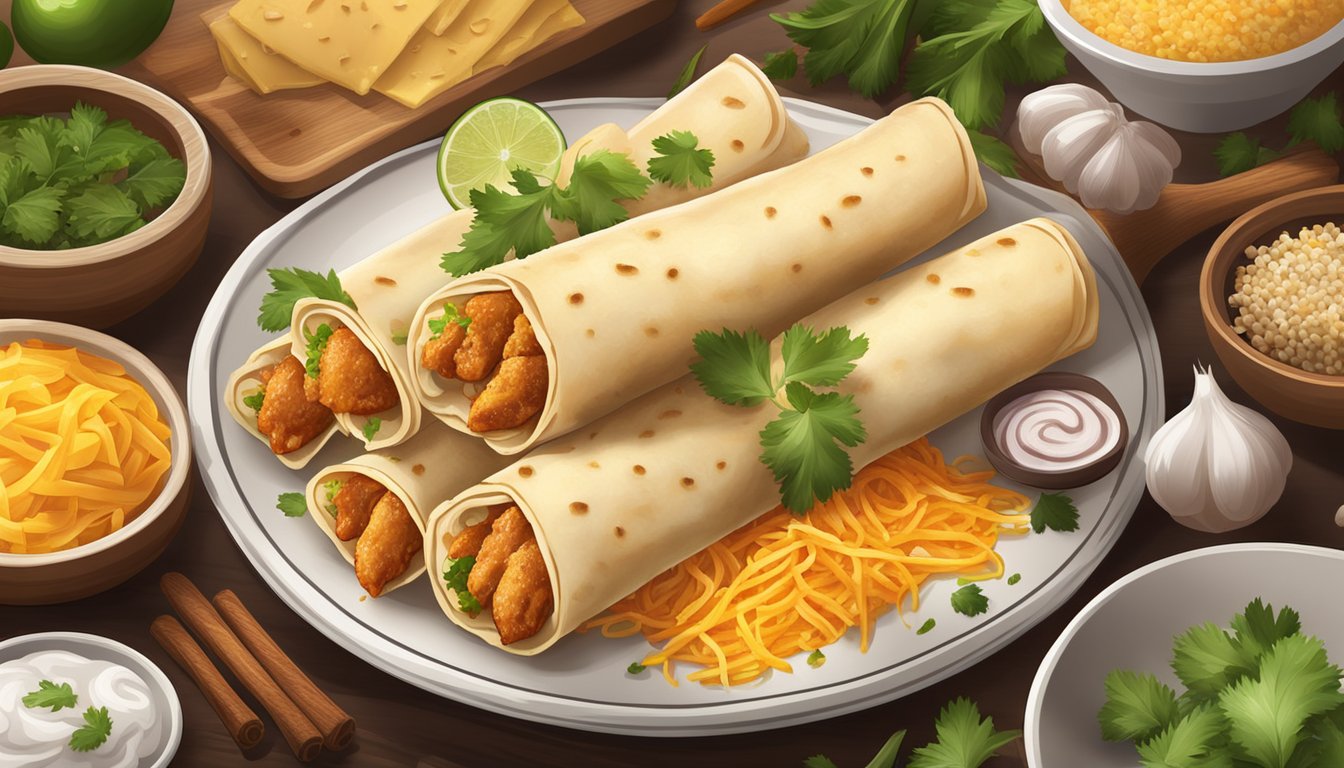 A plate of chicken and cheese taquitos sits on a table, surrounded by various ingredients and spices. Steam rises from the freshly cooked taquitos, adding to the appetizing scene