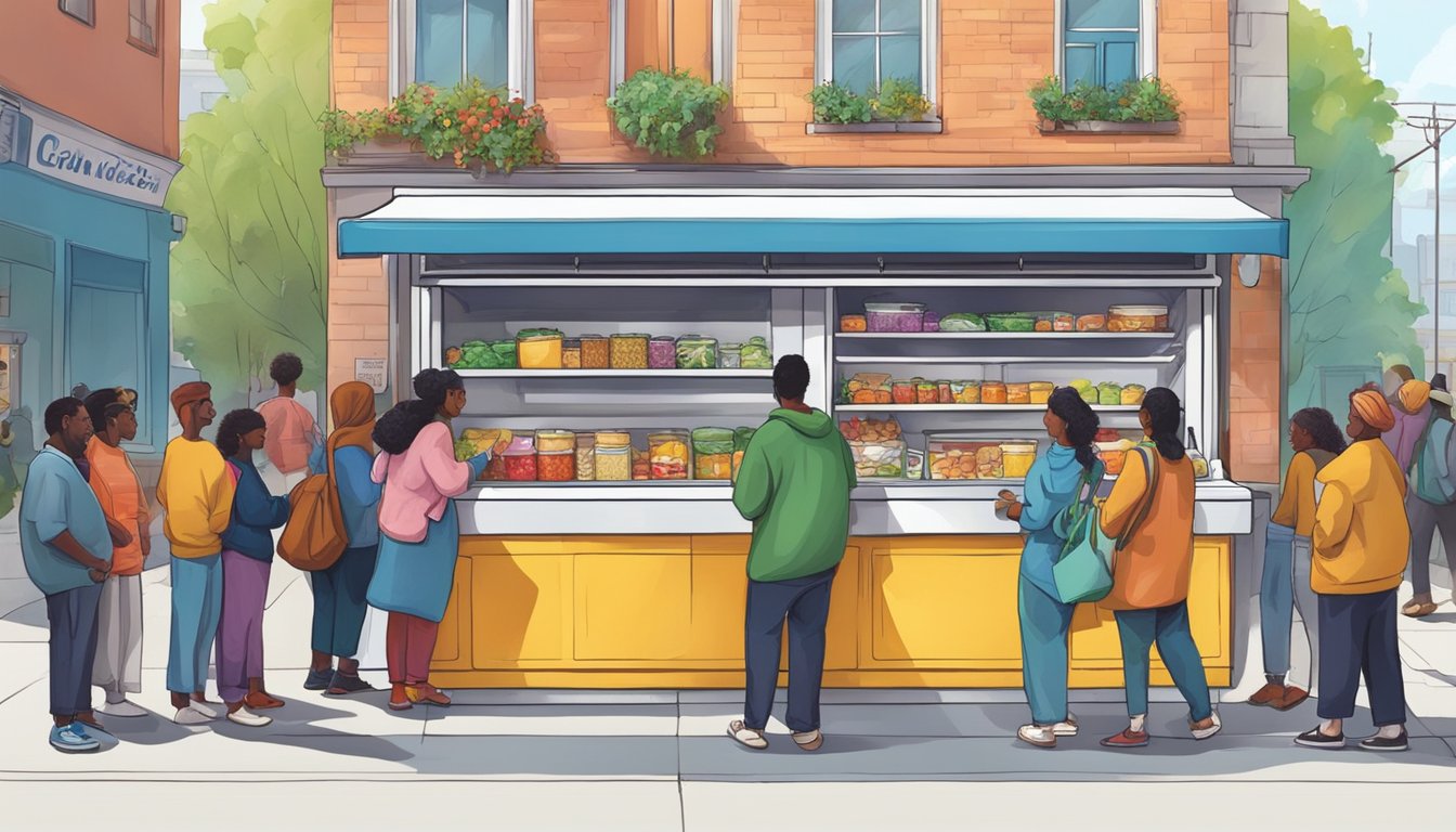 A bustling street corner with a colorful, well-stocked community fridge surrounded by diverse individuals donating and taking food