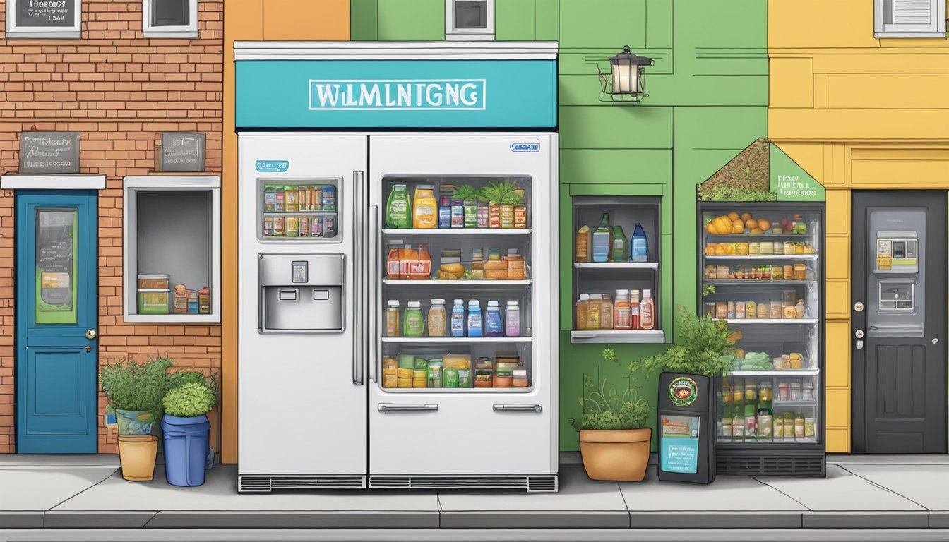 A colorful community fridge surrounded by diverse local businesses and residents in Wilmington, NC