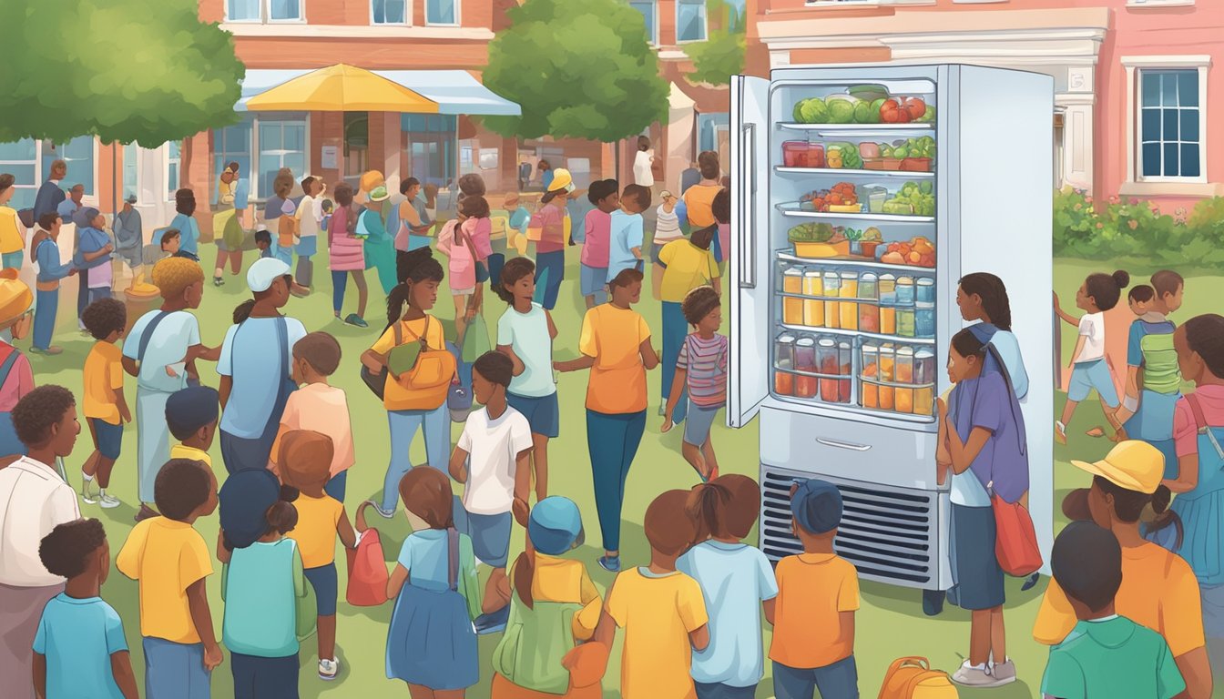 A bustling local community event with a colorful, inviting fridge surrounded by people engaged in educational activities