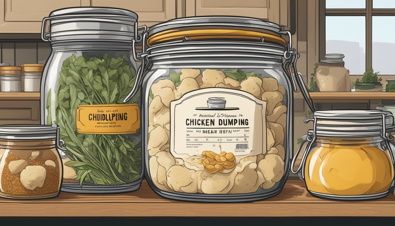 A pot of chicken and dumplings sits on a kitchen shelf, surrounded by jars of spices and cans of broth. The dish is covered with a lid and a label indicating the date it was made