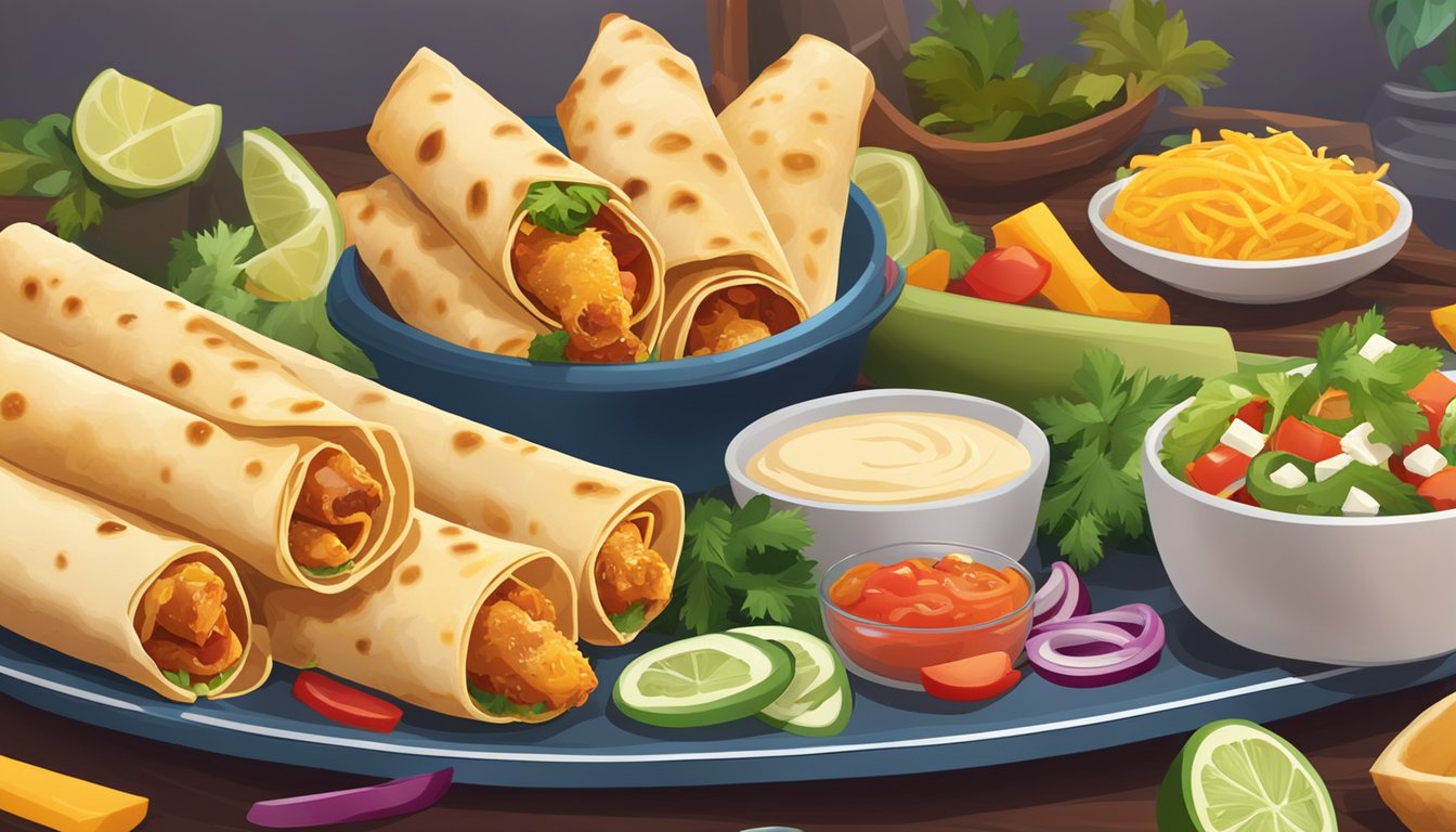 A plate of freshly cooked chicken and cheese taquitos sits on a table, surrounded by colorful toppings and garnishes