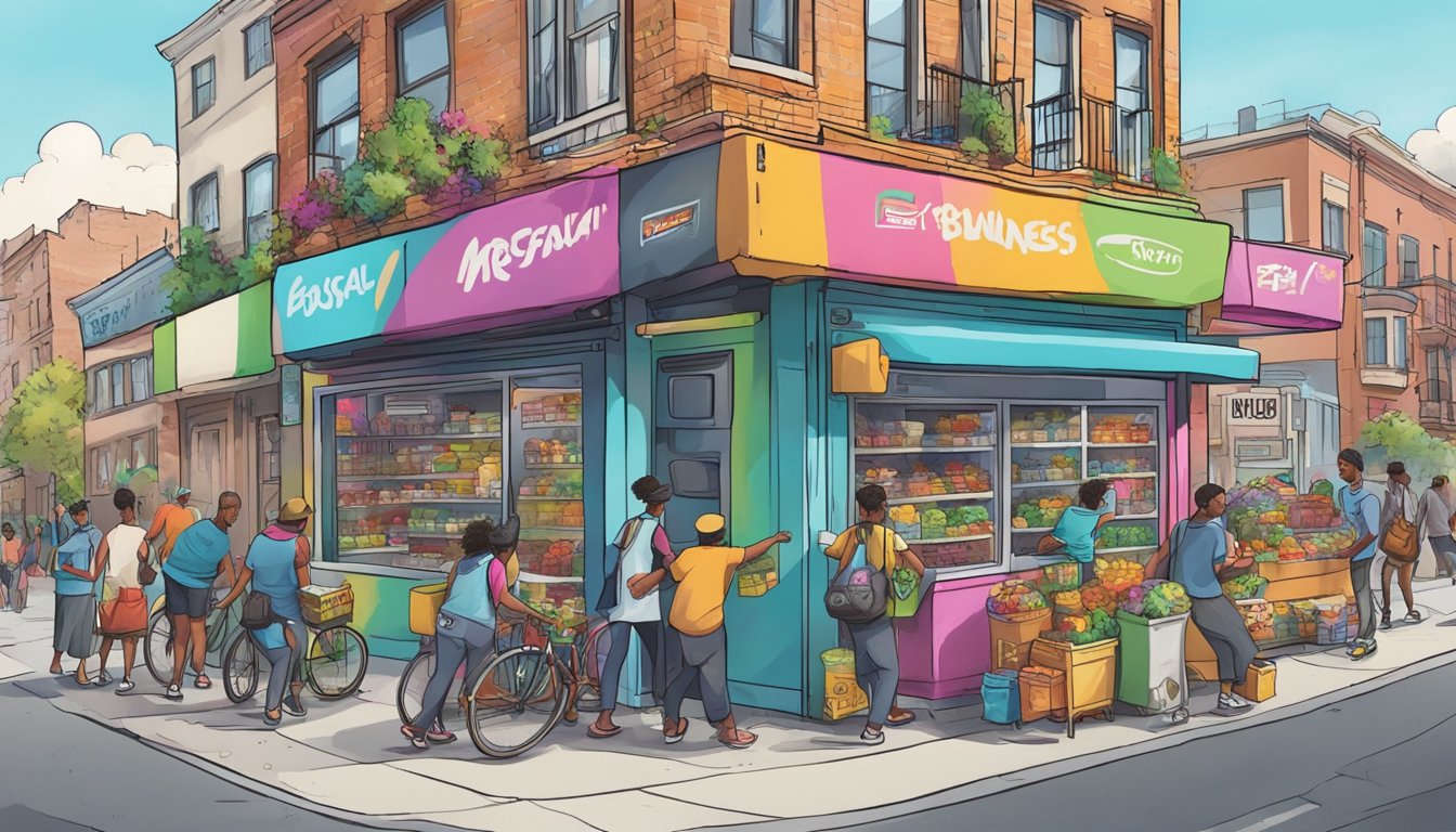 A bustling street corner with a colorful, graffiti-covered community fridge surrounded by people dropping off and picking up food items