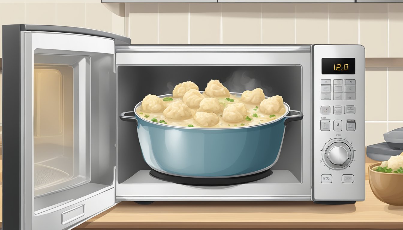 A bowl of chicken and dumplings sits in a microwave. The steam rises as the timer counts down