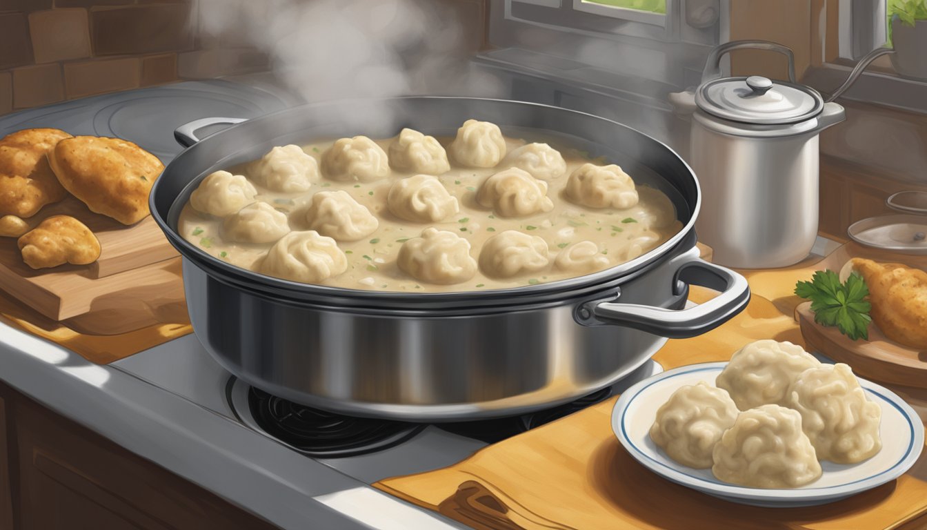 A pot of chicken and dumplings sits on a stovetop, steam rising from the hearty dish. A calendar on the wall shows the current date, emphasizing the question of how long the meal will last