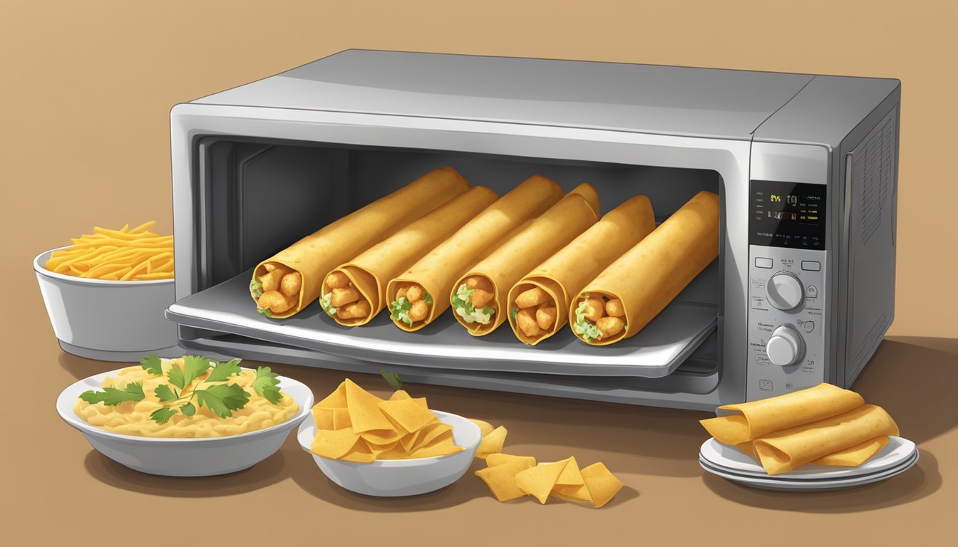 A plate of chicken and cheese taquitos sits in the microwave, rotating as it heats up