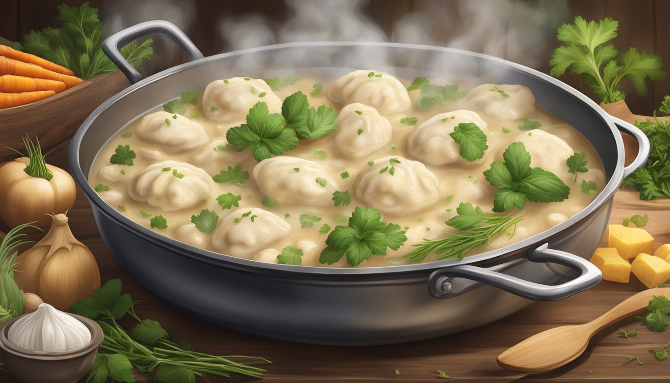 A steaming pot of chicken and dumplings sits on a rustic wooden table, surrounded by fresh herbs and vegetables. The aroma of the hearty meal fills the cozy kitchen