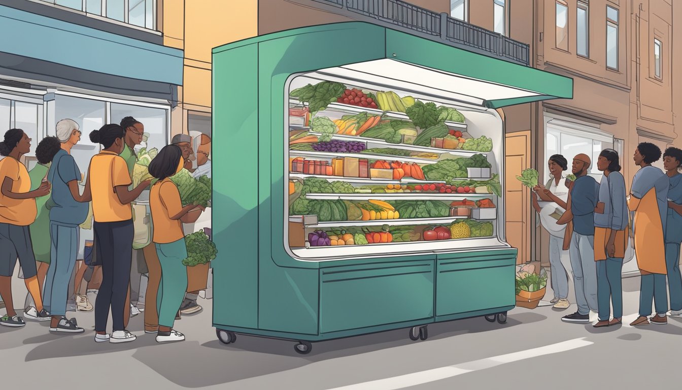 A community fridge filled with fresh produce and non-perishable goods, surrounded by diverse individuals accessing and restocking the items