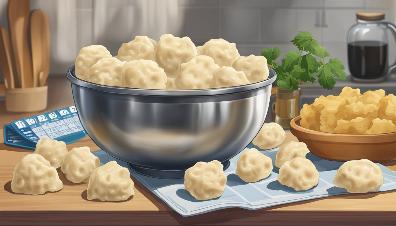 A bowl of chicken and dumplings bites sits on a kitchen counter, surrounded by a calendar and a clock, indicating the passage of time