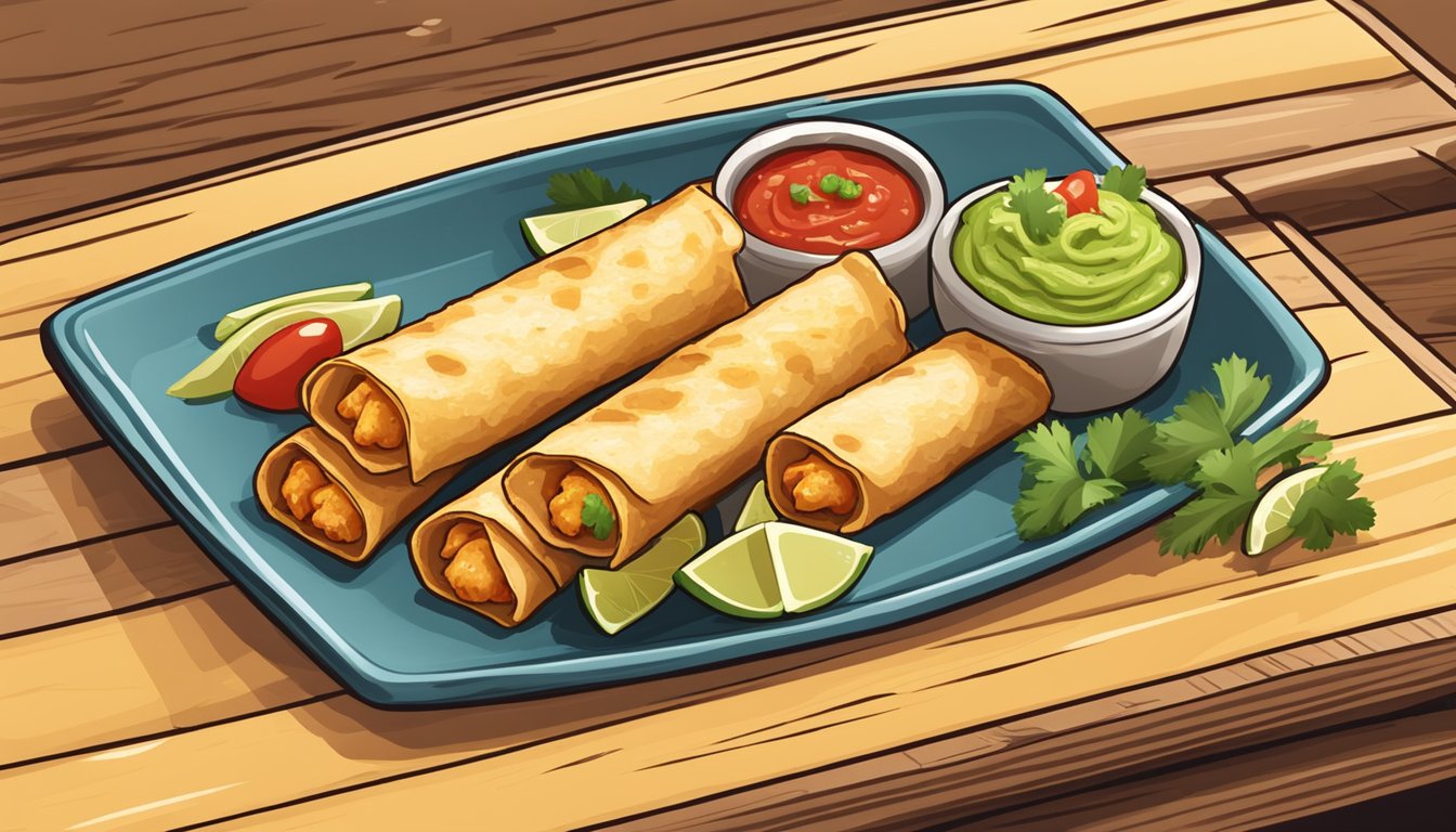 A plate of chicken and cheese taquitos sits on a wooden cutting board, accompanied by a bowl of salsa and a side of guacamole