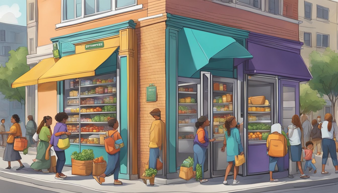 A bustling street corner with a colorful, well-stocked community fridge surrounded by people dropping off and picking up food items