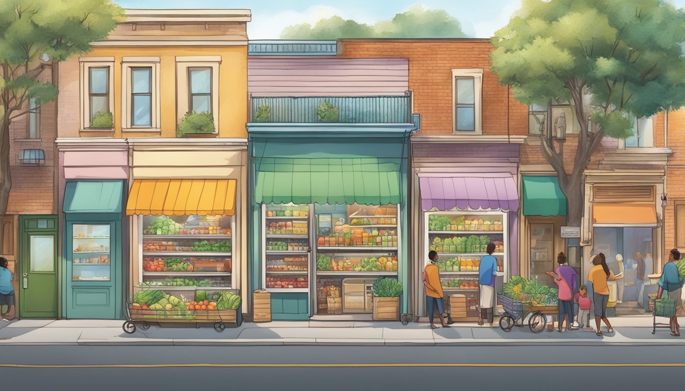 A bustling neighborhood with a vibrant local community fridge, filled with fresh produce and essential items, surrounded by people sharing stories of impact and success