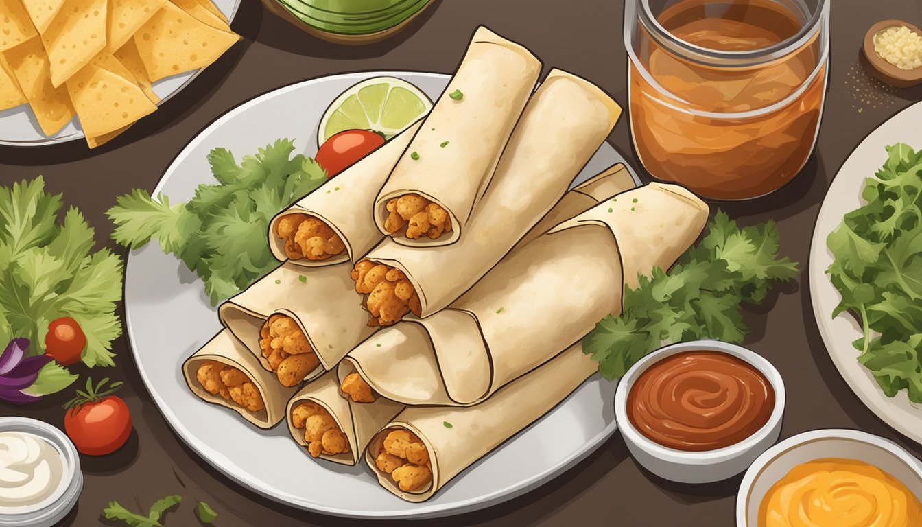 A plate of chicken and cheese taquitos sits on a table, surrounded by fresh ingredients and a nutrition label