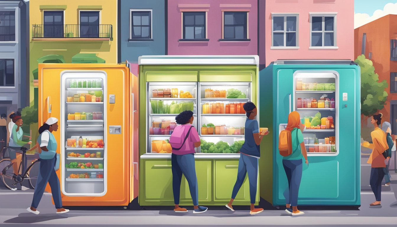 A colorful community fridge surrounded by diverse buildings and people